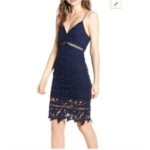 ASTR The Label Navy Blue Lace Mini Dress L Bodycon Spaghetti Strap Party